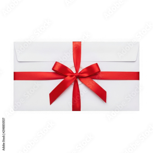 Red gift bow ribbon with shiny center on present box