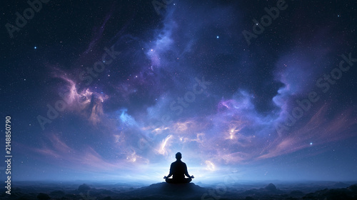 Peaceful Silhouette Seated Beneath Dramatic Purple Nebula