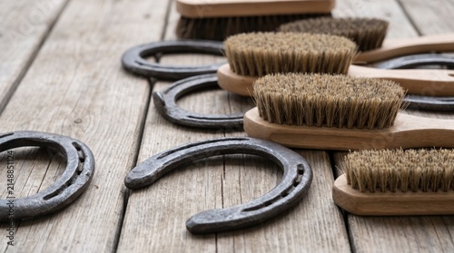 Horseshoe cleaning tools arranged on a wooden surface. Brushes with natural bristles and metal horseshoes are visible. Ideal for equestrian themes.