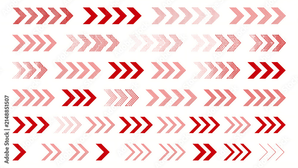 Fototapeta premium Set of various red directional chevron arrows collection with direction navigation collection indicator wayfinding abstract pointing business
