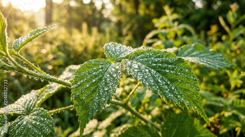 Dewdrops on green leaves in a sunlit forest at sunrise