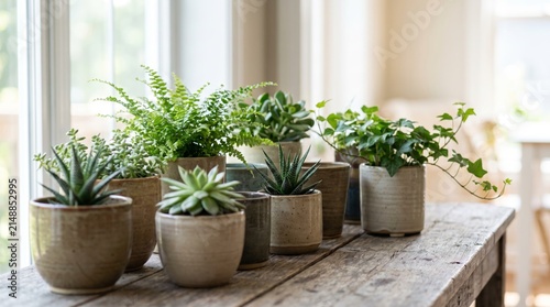 A collection of potted plants on a wooden table. Various green plants in ceramic pots create a fresh and vibrant indoor atmosphere.