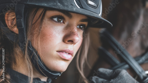 Young Caucasian woman with brown hair wearing a riding helmet. She has freckles and is focused on horseback riding. The background is blurred, suggesting an equestrian setting.