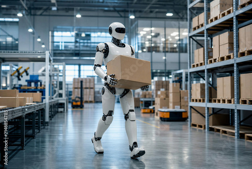 Humanoid Robot Carrying Cardboard Box Package in Automated Warehouse