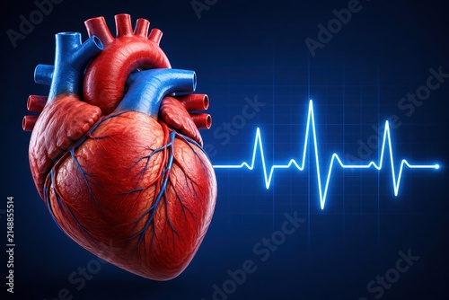 Anatomical human heart model with a glowing blue heartbeat line graph