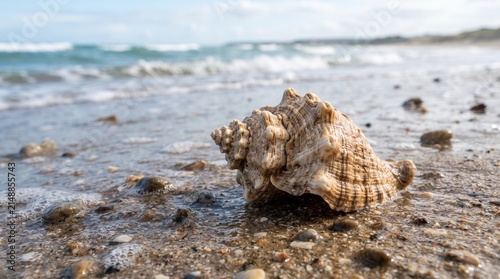 Detailed whelk seashell with textured surface on blue background 16:9 8k realistic portrait 