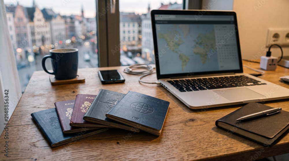 Fototapeta premium Travel planning with laptop passports coffee and city view from window desk