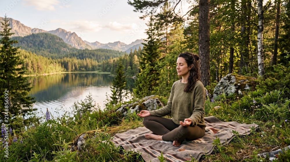 Fototapeta premium Woman meditating peacefully in lotus pose on blanket by serene mountain lake surrounded by lush forest