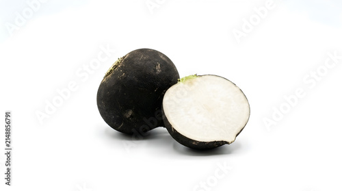Whole black radish and slice isolated on white background with vegetable nutrition ingredient