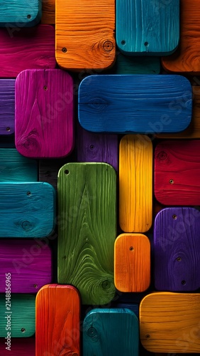 Colorful Wooden Plank Blocks Patterned Background with Bold Painted Texture and Geometric Arrangement for Mobile Wallpaper, Rustic Abstract Design