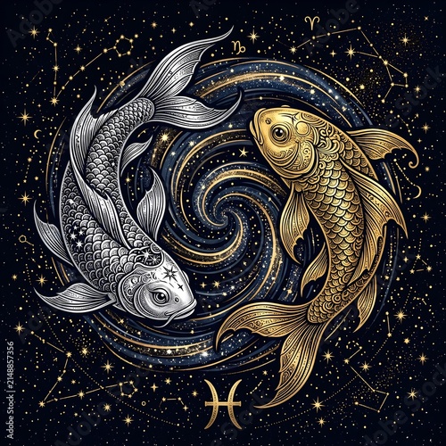 Pisces Zodiac Two Koi Fish Swimming in Opposite Directions Illustration