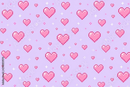 Seamless pattern with cute pink pixel hearts on a light purple background