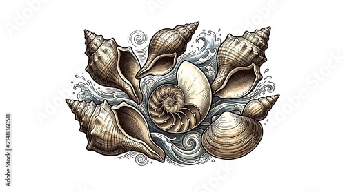 Vintage seashell collection with engraved ocean waves
