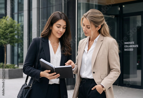 Two professionals converse near a modern office entrance