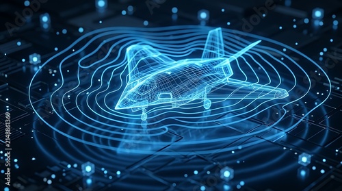 Fighter jet hologram projection over futuristic digital circuit board surface technology concept