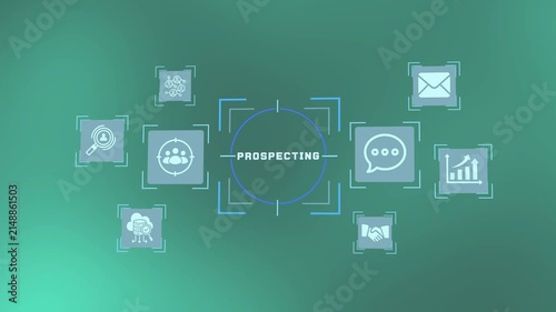 Modern business technology graphic presenting sales prospecting and search strategy elements on dark green.