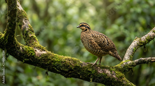 Small bird perched on a moss covered tree branch in the forest with wildlife birdlife ornithology