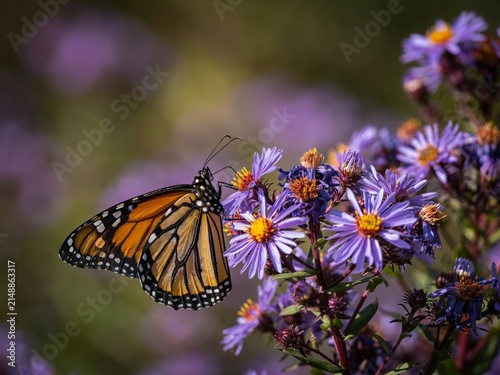 A detailed close-up of a monarch butterfly with orange and black wings resting on a cluster of small purple aster flowers, with a soft, blurred green and purple background, in a natural meadow