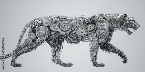 Mechanical tiger walking detailed metallic structure animal illustration isolated design