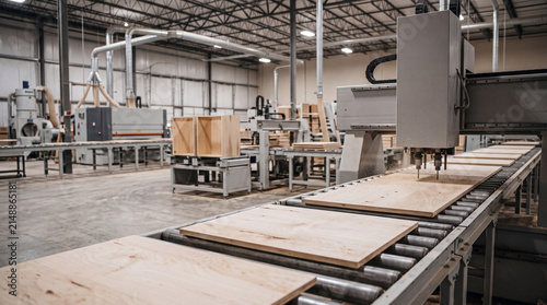 Foto Advanced CNC machine precisely drilling holes into large wooden panels on an automated conveyor in a modern factory