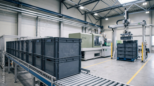 Quadro su tela Industrial photograph of a gantry robotic system handling stacked crates on a roller conveyor in a modern factory