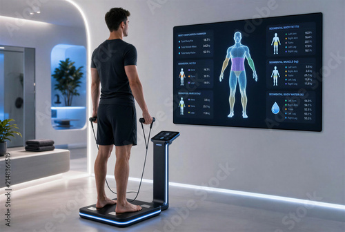 Man Standing on Futuristic Smart Body Composition Analyzer with Digital Health Display