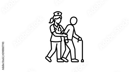 Nurse assisting elderly man with walking cane, icon vector