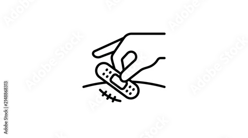 Applying bandage to wound on skin, line art icon