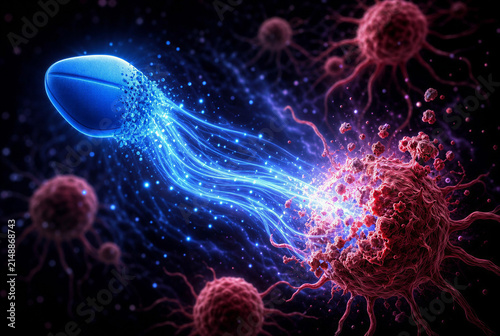 Glowing Blue Medical Pill Blocking Cancer Spread Concept Illustration