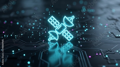 Satellite communication symbol glowing over dark digital circuit board representing global connectivity technology