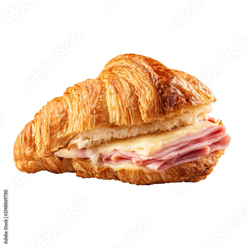 Golden flaky croissant pastry with intricate layered texture, perfectly baked and isolated on transparent background for bakery menus