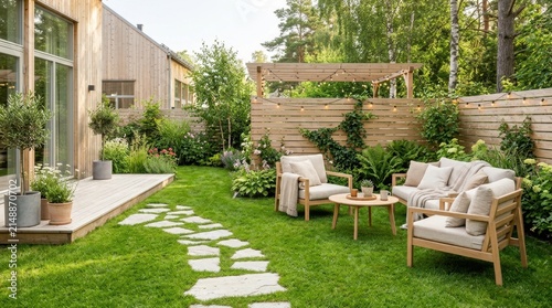 Modern wooden deck and patio furniture set perfect for outdoor entertaining and relaxing among lush greenery.