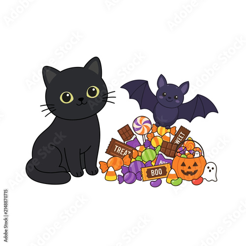 Bild auf Leinwand Kawaii Halloween black cat and bat vector, cute spooky kitten with candy pile, f
