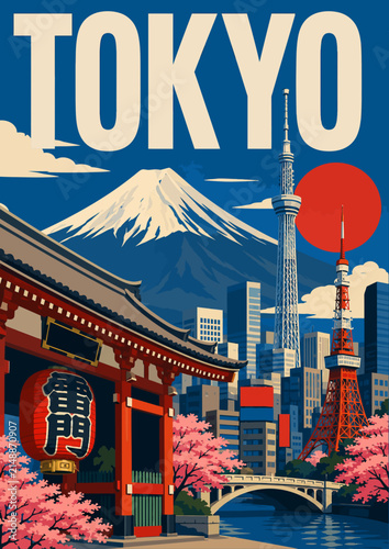 096-23-Tokyo city skyline showcasing traditional gates, modern towers, mount fuji, and blooming sakura