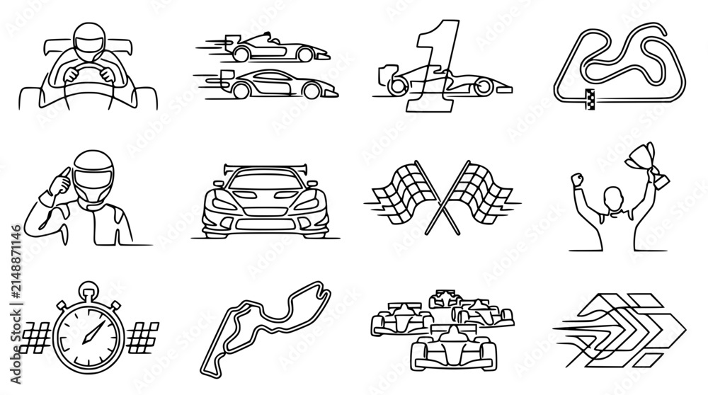 Fototapeta premium Racing Car Icons: Formula 1, Go-Kart, Sports Car, Trophy, Stopwatch, Track, Flags