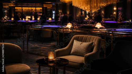 Cozy lounge chair with pillow and candle on table in dimly lit casino lounge with chandelier and people in background