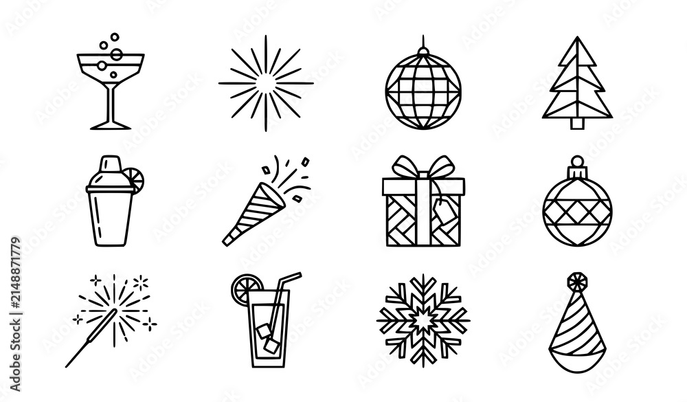 Naklejka premium Christmas party thin line icons set with modern geometric holiday celebration outline vector symbols for event invitation graphics