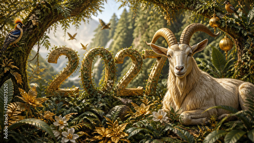White goat resting among golden vines and flowers in enchanted forest with 2027 numbers, whimsical conceptual artwork of nature magic and new year celebration