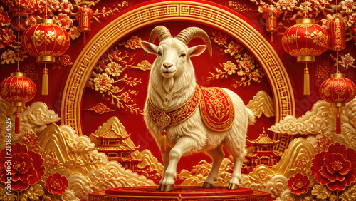 White Goat in Ornate Gold and Red Chinese Temple Setting with Lanterns and Decorative Elements Representing Prosperity and Good Fortune