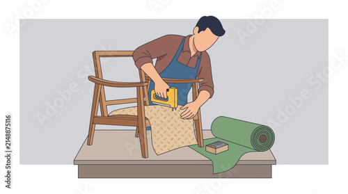 Obraz na plátně Furniture Upholsterer Stapling Fabric onto Wooden Frame