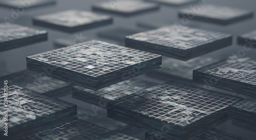 Abstract Microchip Processor Architecture Floating in Digital Cyberspace with Futuristic Technology Grid Pattern Background