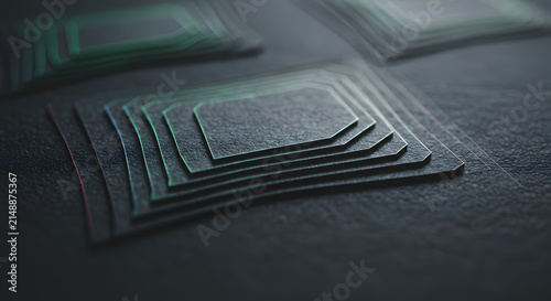 Abstract Layered Geometric Pattern with Glowing Green Edges on Dark Textured Surface for Modern Digital Design Background