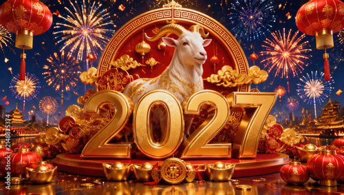 Chinese New Year 2027 Celebration with Golden Goat Symbol, Fireworks and Red Lanterns in Festive Asian Lunar Holiday Concept