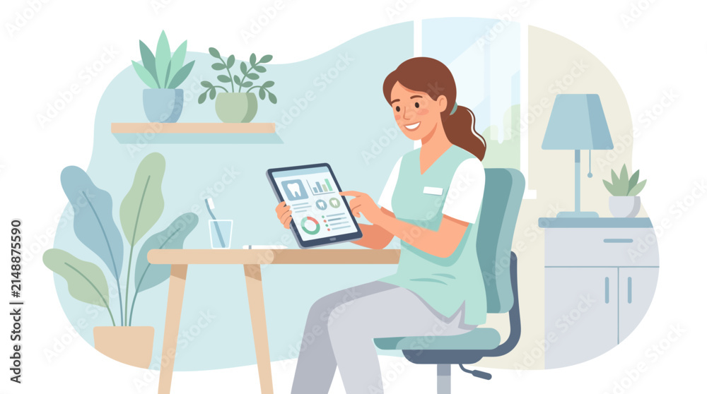 Fototapeta premium Smiling nurse using tablet at desk, medical chart on screen, home office