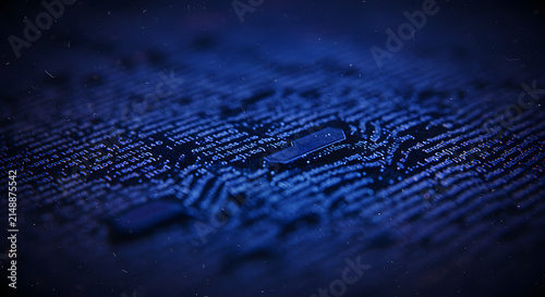 Futuristic Microchip Circuit Board Glowing with Blue Light Data Flow in Abstract Digital Technology Background