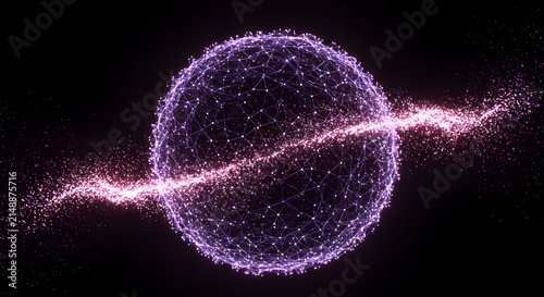 Glowing Digital Sphere with Particle Ring in Abstract Cyber Space for Tech Background and Science Fiction Concept
