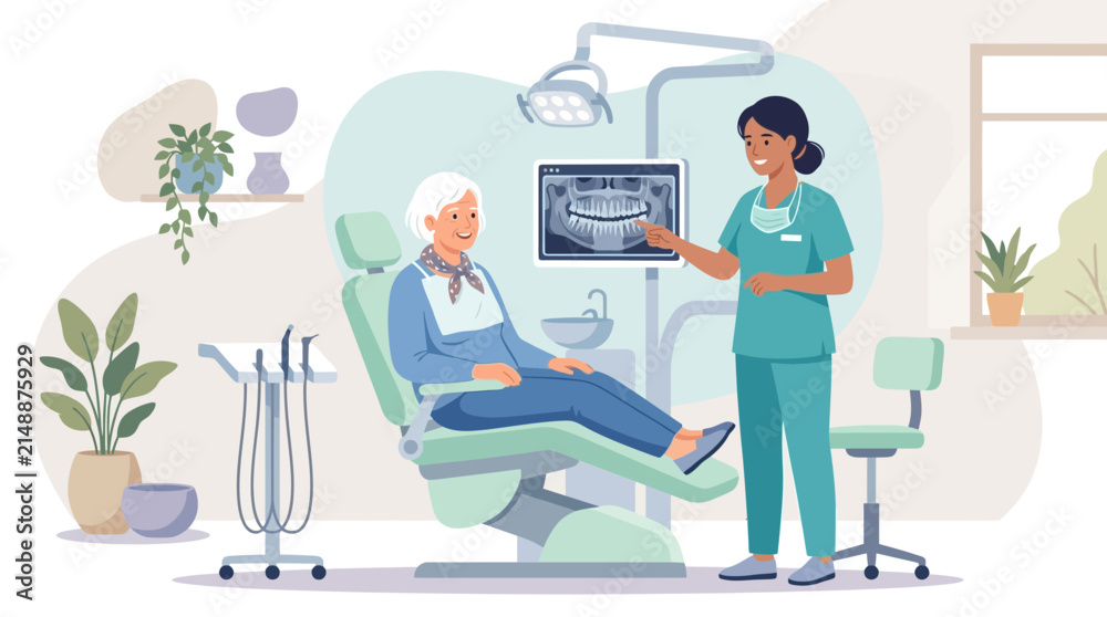 Fototapeta premium Dentist Explains X-ray To Senior Patient In Dental Chair