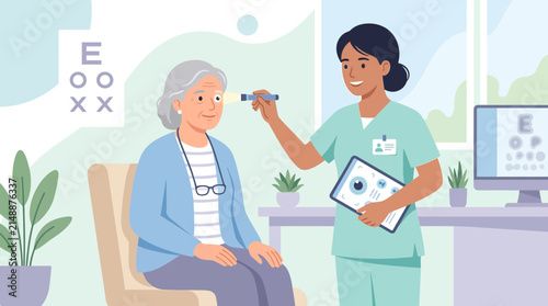 Optometrist examining elderly woman's eyes with penlight, clinic setting