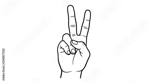 Hand showing the peace sign, victory gesture, black and white line art illustration