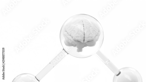 Brain in molecules transparent simulation. Minimal concept design. Includes white background and green screen. Can be used in medical elements or science. Zoom In animation, 3D Render.